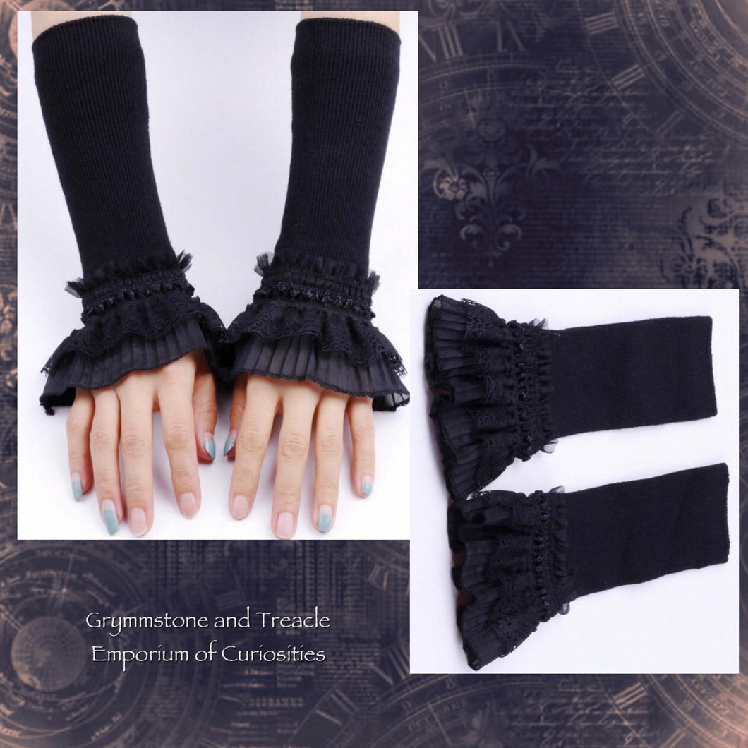 Short Black Armwarmers with Ruffled Lace Trim Cuffs