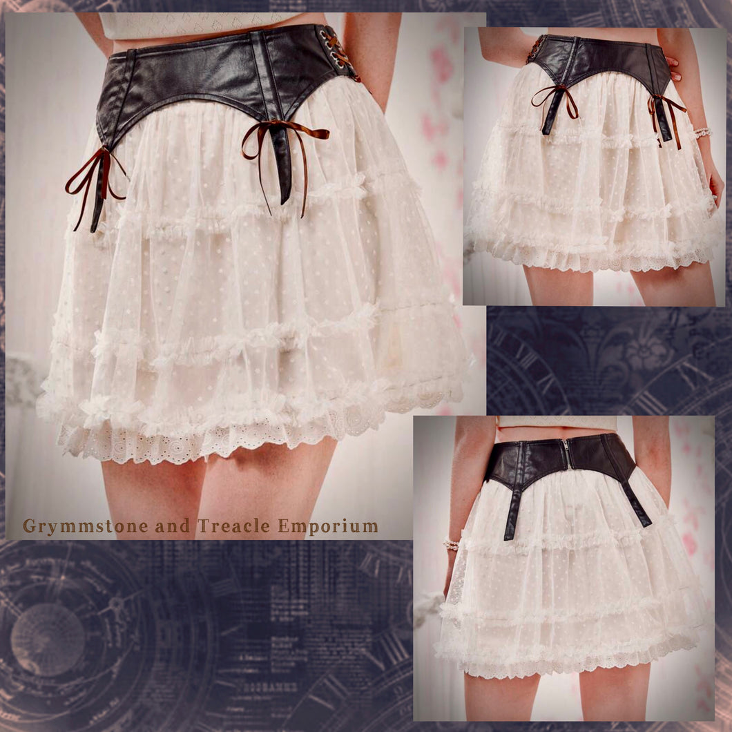 Esmerée Pale Cream Tiered Lace Skirt with Faux Leather Belt - Size 10 to 14