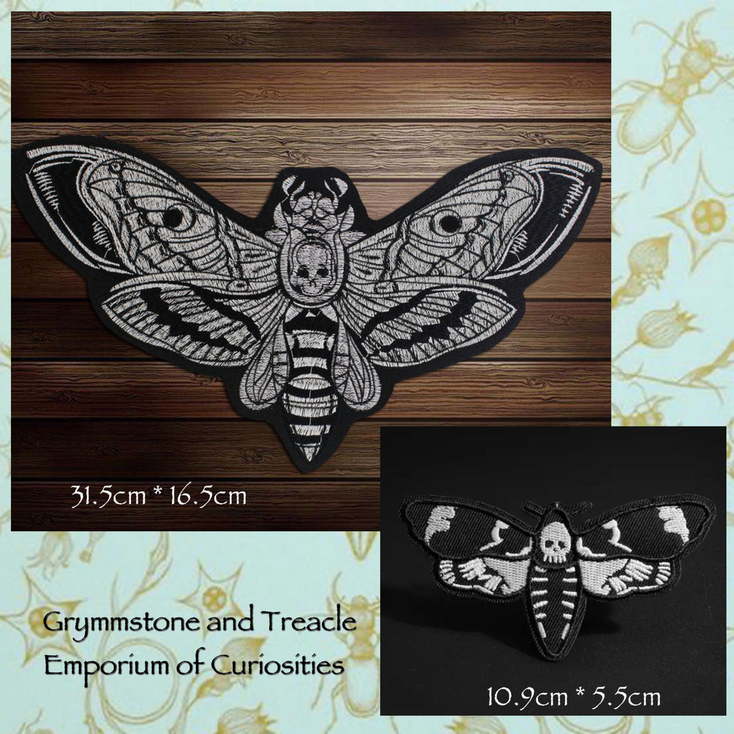 Embroidered Gothic Black and White Death's Head Moth Patches in two styles