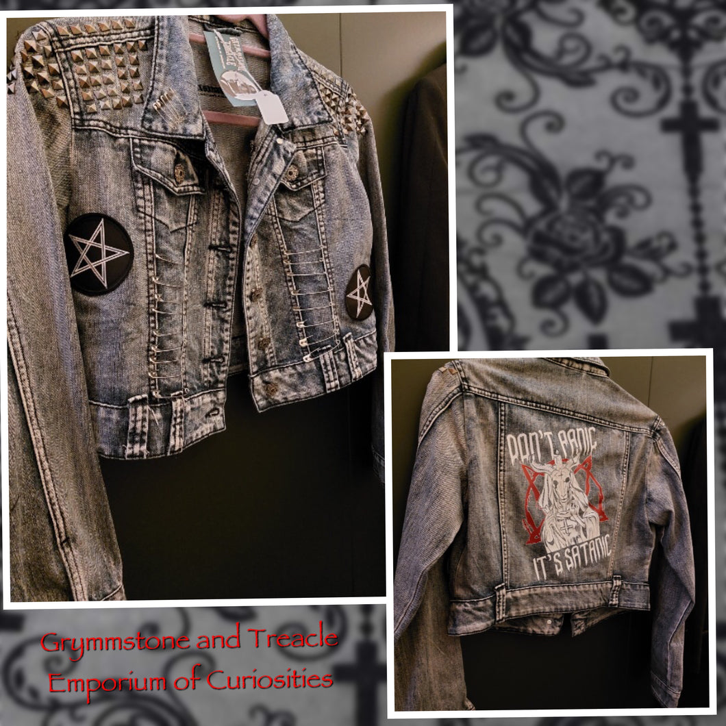 Don’t Panic It’s Satanic OOAK Studded Denim Jacket - 8 to 10