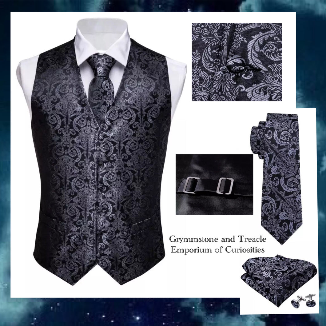 Elegant Scrollwork Silk Waistcoat Set in Pewter and Black with Tie, Cufflinks and Pocket Square