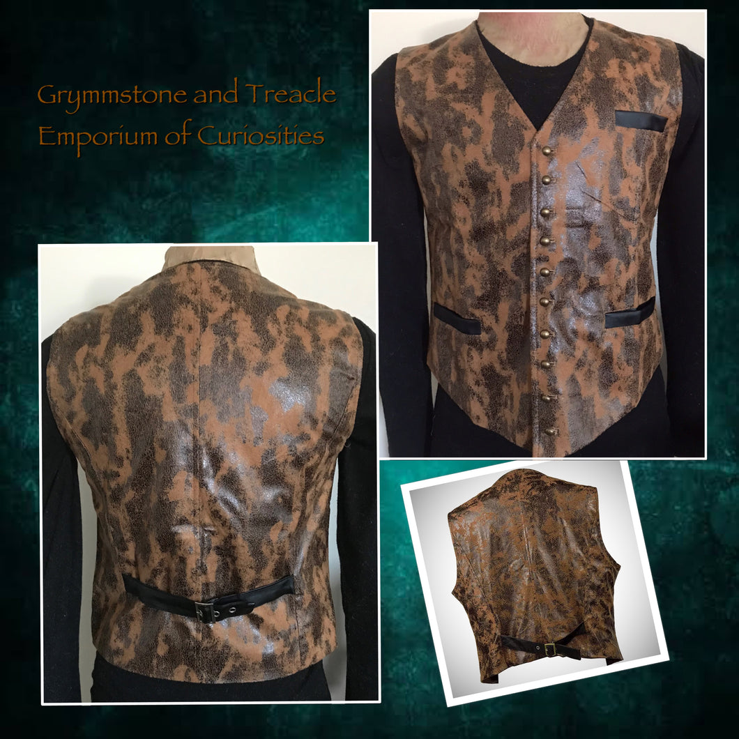 Distressed Faux Leather Waistcoat with Brass Buttons