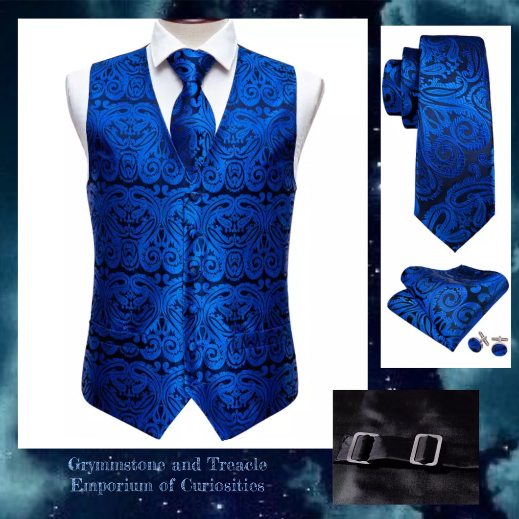 Silk Brocade Waistcoat Set in Sapphire with Tie, Cufflinks and Pocket Square
