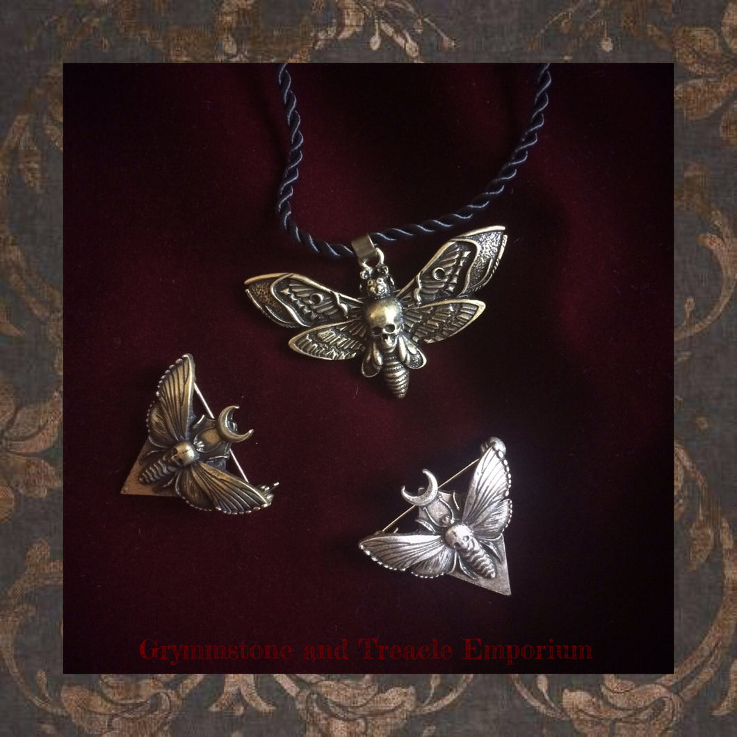 Gothic Deathmoth Pendant and Brooches in an antique silver and antique brass finish
