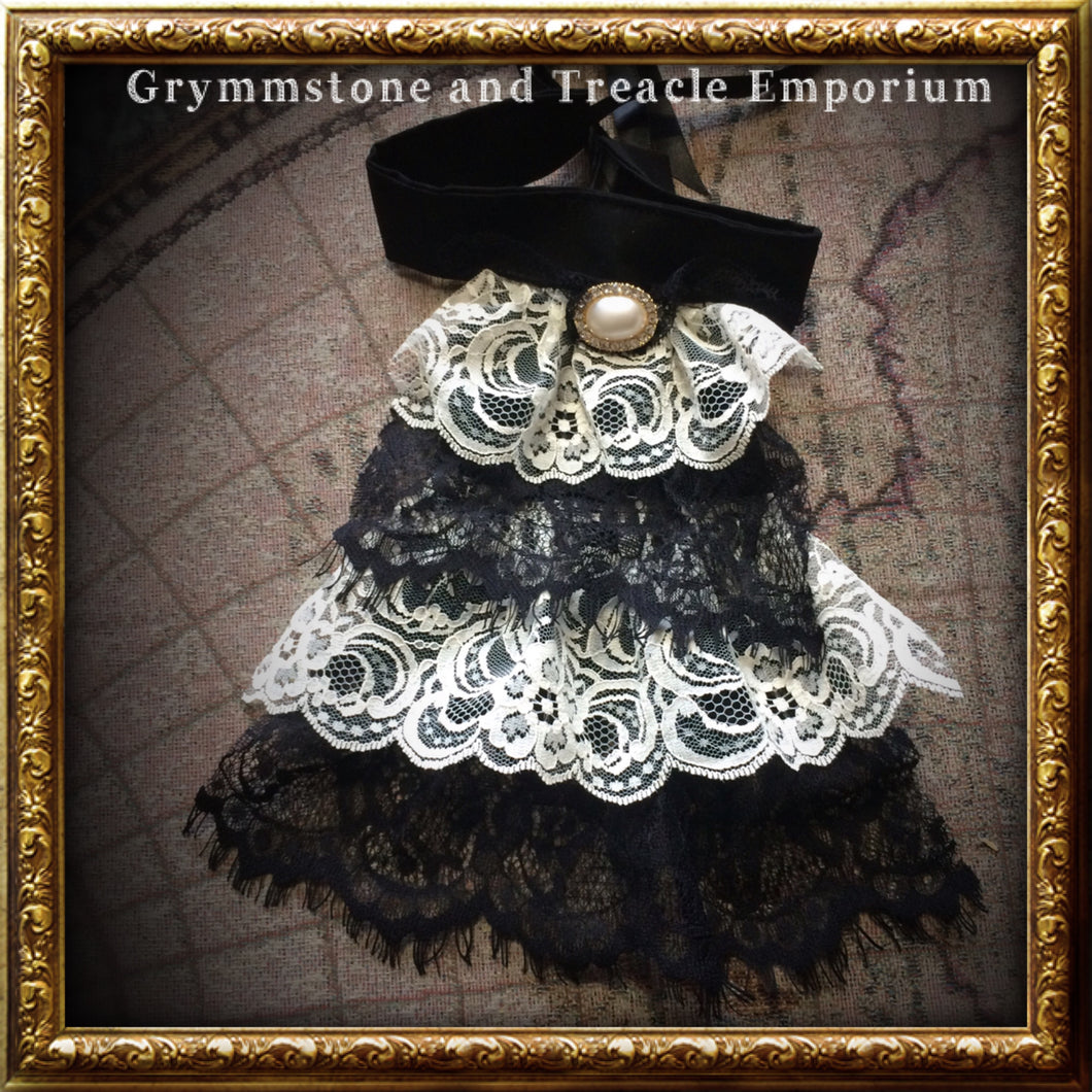 Steampunk and gothic handmade ivory and black lace jabot
