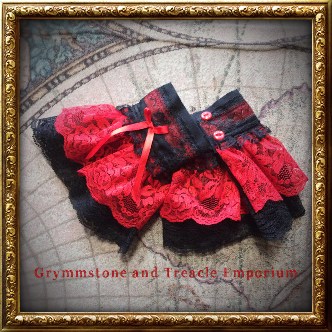 Red ans black handmade lace cuffs steampunk and gothic