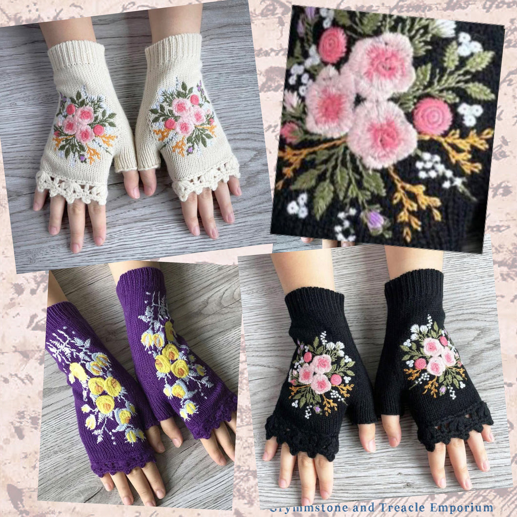 Knitted Embroidered Fingerless Gloves