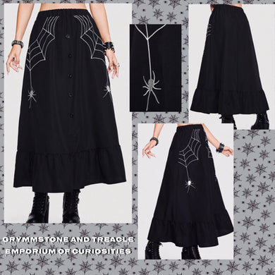 Long Black Maxi Skirt with White Cobweb Embroidery with spider around the pockets