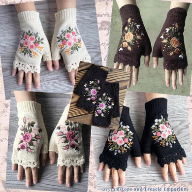 Knitted Embroidered Fingerless Gloves