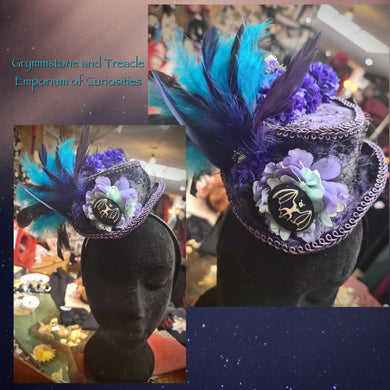 Grape Velvet and Blue Feathers and Floral Mini Top Hat