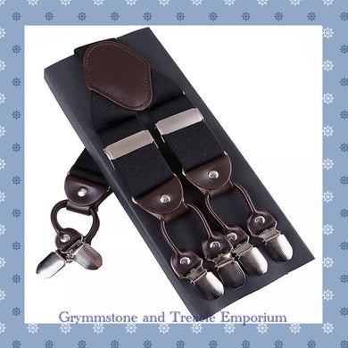 Suspenders - Vintage Style - 6 Clip Black with Darkest Brown Leather