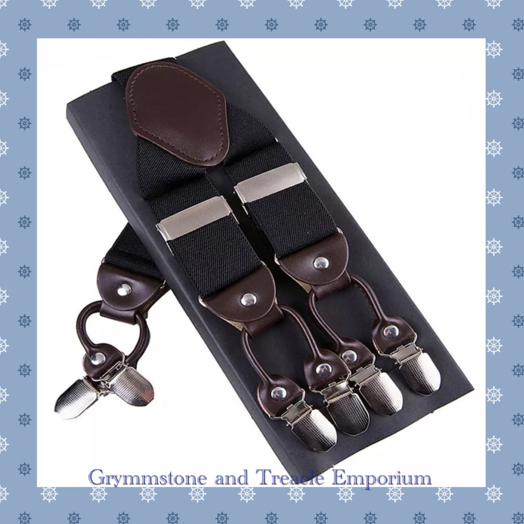 Suspenders - Vintage Style - 6 Clip Black with Darkest Brown Leather