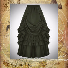 Victorian Style Bustle Skirt with layered ruffle trim in Dark Olive Green 