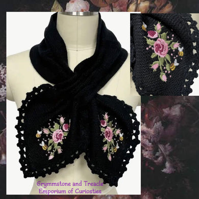 Knitted And Embroidered Scarf with Rosettes and Bees