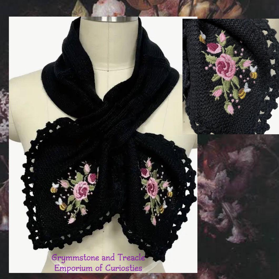 Knitted And Embroidered Scarf with Rosettes and Bees