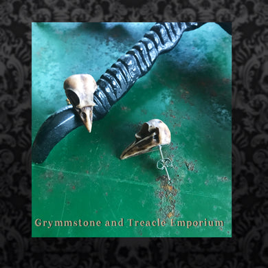 Miniature Aged Raven Skull Earrings