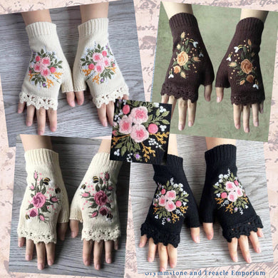 Knitted Embroidered Fingerless Gloves