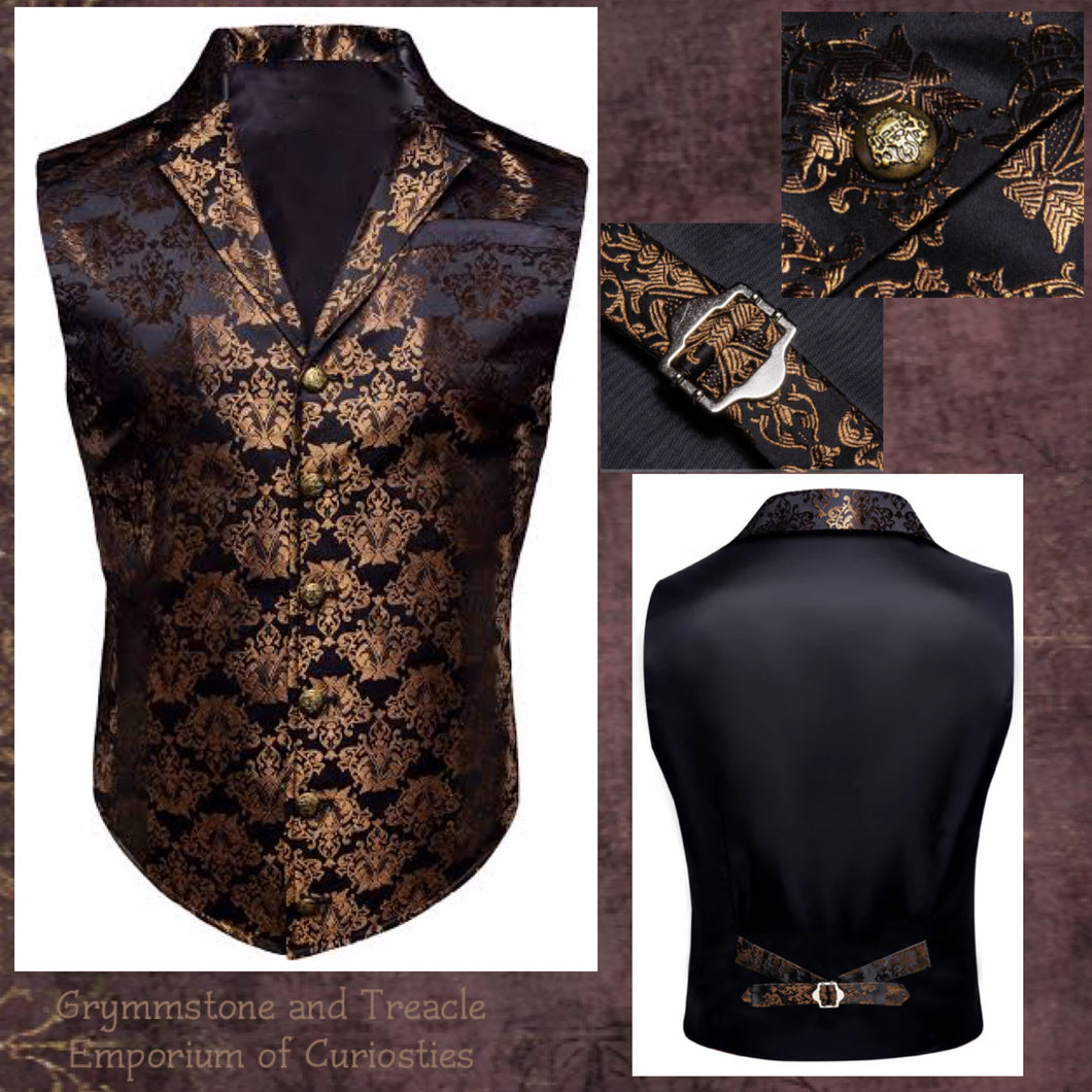 Bronze and Black Brocade Waistcoat with Collar - Medium - Chest 112cm