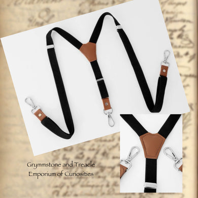 Suspenders with Carabiner Clips - Black with Tan Faux Leather