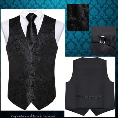 Black Paisley Waistcoat Set with Tie, Cufflinks and Pocket Square - M - Chest 110cm