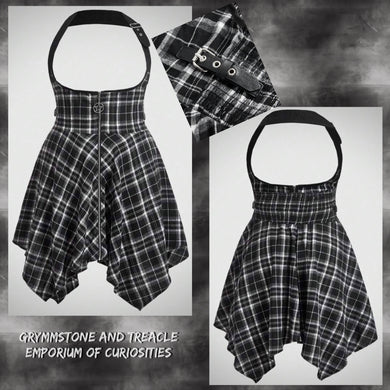 Rebellion Black and White Plaid Halterneck Harness Dress with Handkerchief Hem and Faux Leather Straps 