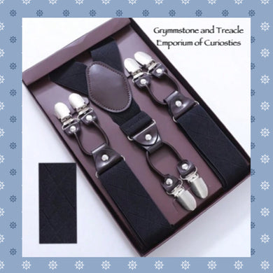Suspenders - Vintage Style 6 Clip - Black with Subtle Diamond Pattern and Dark Brown Leather