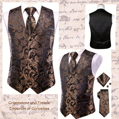 Waistcoat Set in Bronze Paisley with Tie, Cufflinks, and Pocket Square - Small - Chest 105cm