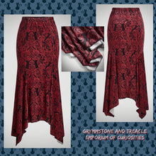 Grimalkin Velvet Filigree and Cat Print Mermaid Hem Skirt - Size 12 to 16