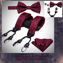 Vintage Style Fabric Six Clip Suspenders Set - with Cufflinks, Bow Tie and Pocket Square