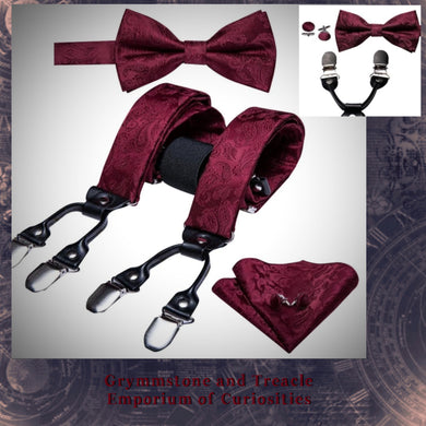 Vintage Style Fabric Six Clip Suspenders Set - with Cufflinks, Bow Tie and Pocket Square