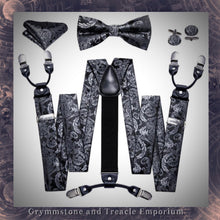 Vintage Style Fabric Six Clip Suspenders Set - with Cufflinks, Bow Tie and Pocket Square