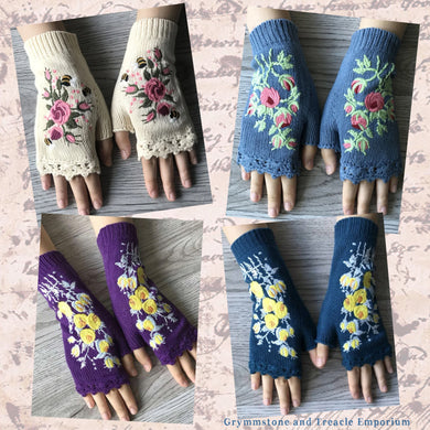 Knitted Embroidered Fingerless Gloves