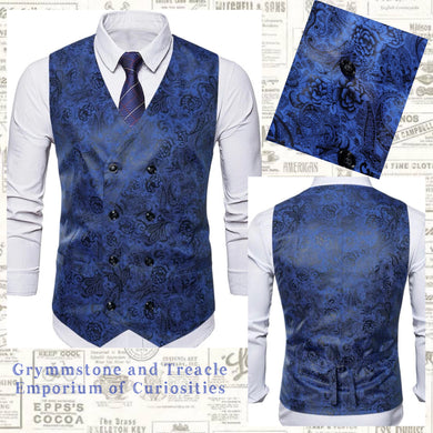 Waistcoat - Double Breasted Lapis Blue and Black Paisley