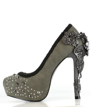 Grey Suede High Heel with Intricate Silver Filigree on Heel