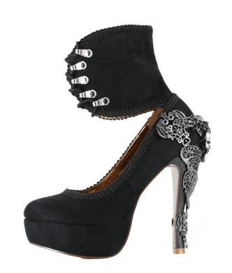 A stunning high heel in black suede with silver filigree up the back of the heel along with an ankle strap 