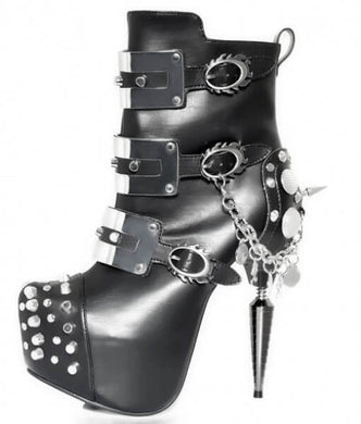 A killer boot in black vegan leather, studded toe and buckles up the front. A silver spike acts as the heel, with a chain of bling setting off the ultimate goth heeled ankle boot