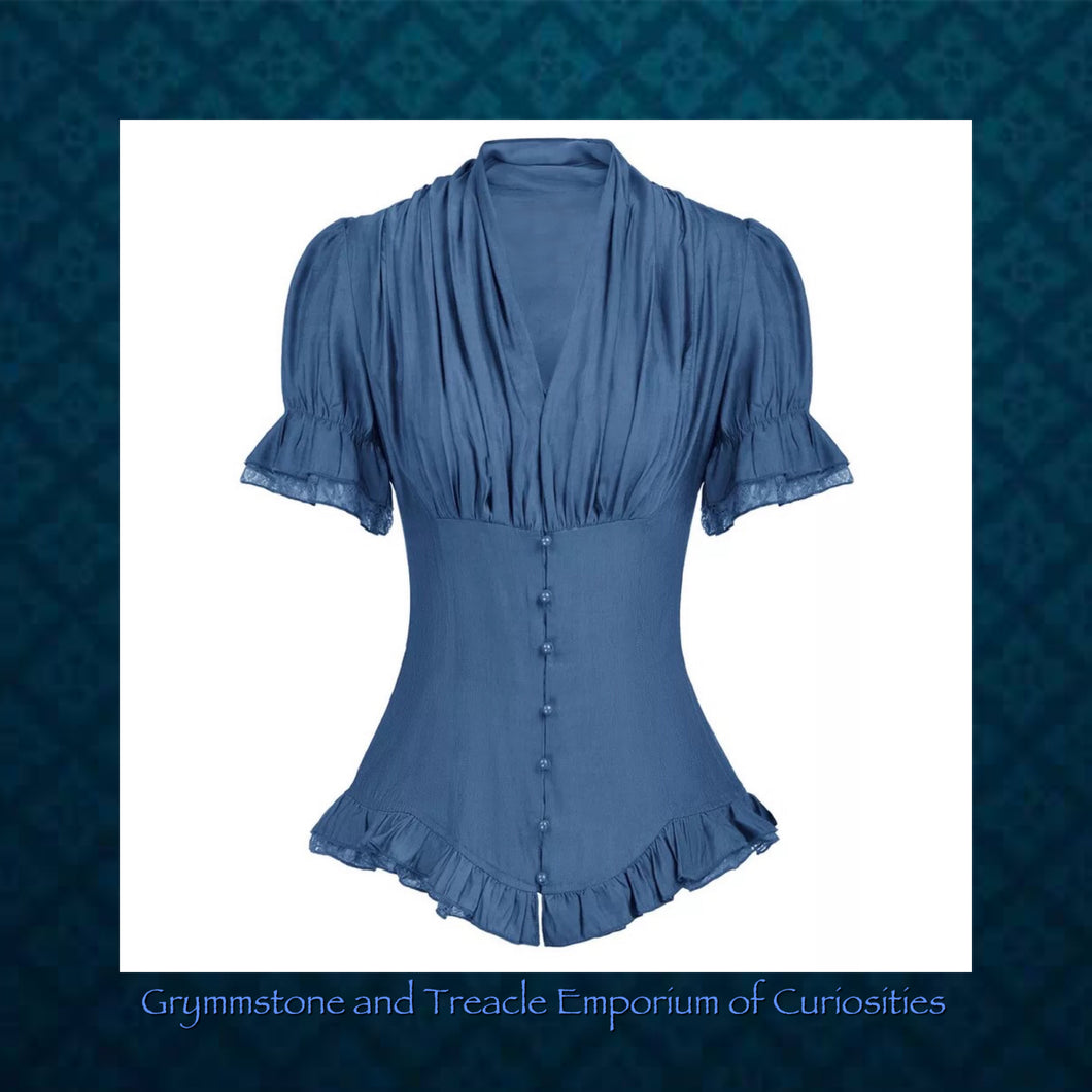 Toulouse Ruched Neck Back Laced Cottagecore Blouse in Venetian Dusky Blue