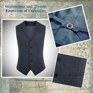 Herringbone Blue Tweed Notched Lapel Collar Waistcoat 