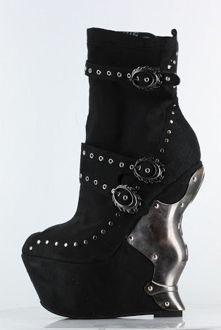 black and silver wedge heels with silver studs and a cyberpunk style heel, with inner black sock for smooth look