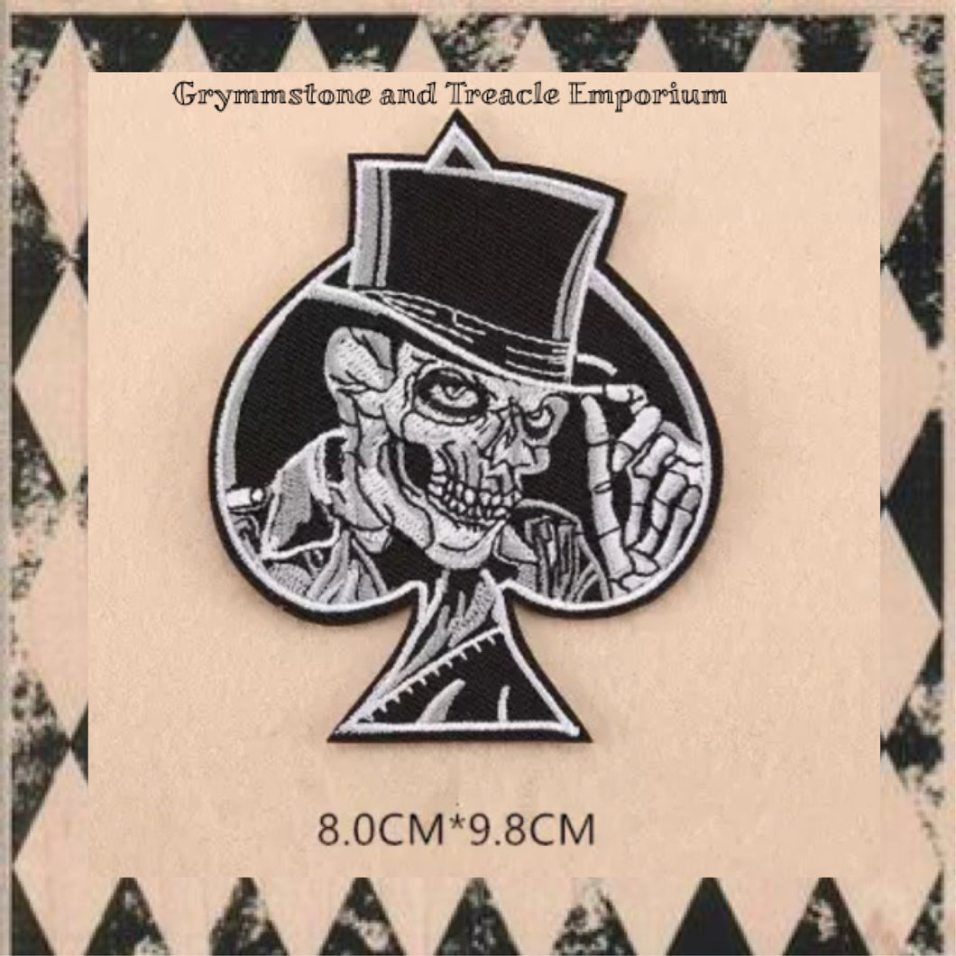 Embroidered Ace Patch with Top Hat Wearing Skeleton in Black and White