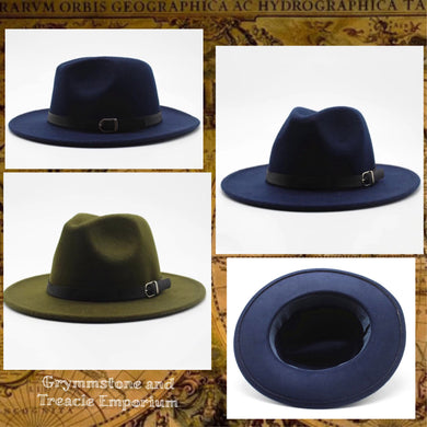 Indiana Jones Style Fedora in Navy or Olive with Leather Belt around base of the crown
