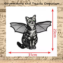 Batty Cat iron on patch measures 23cm by 31cm