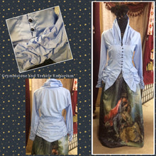 Bellagio Poet's Blouse in Celestial Blue with gathered and ruched sleeves and neckline with black buttons 