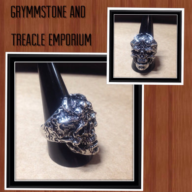 Ornate Silver and Black Skull Ring
