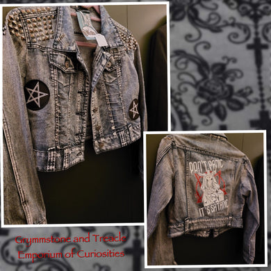 Don’t Panic It’s Satanic OOAK Studded Denim Jacket - 8 to 10