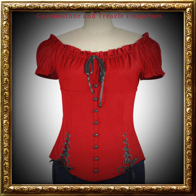 Chemise peasant top vintage with adjustable lacing and button embellishment in Red
