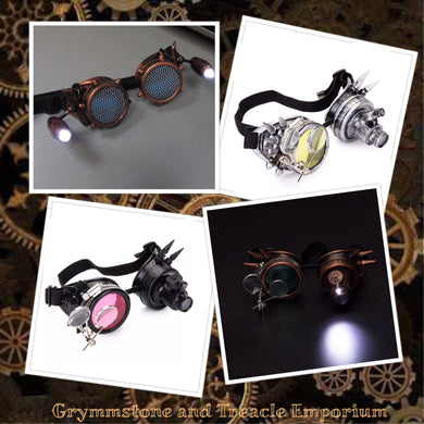 Steampunk goggles with lamps, detachable double loupe, and other gadgets