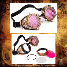 Copper Rivet Googles with Pink Lenses with Mesh Screens and Cut-Out Sides with Cogs