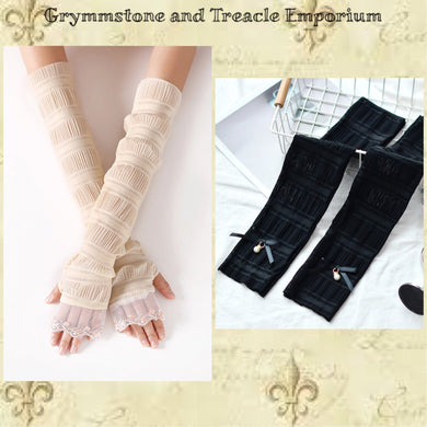 Long Lycra Gloves - Cream with Trim or Black with Ribbon and Pearl