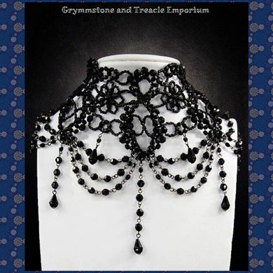 Black beaded gothic choker with faceted black drops 